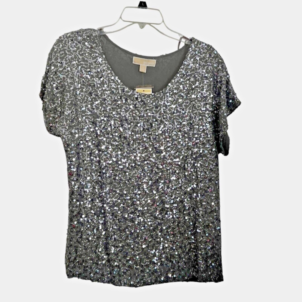 NWT Michael KORS Size Small Sequin Top Silver & Black Short Sleeves Lined